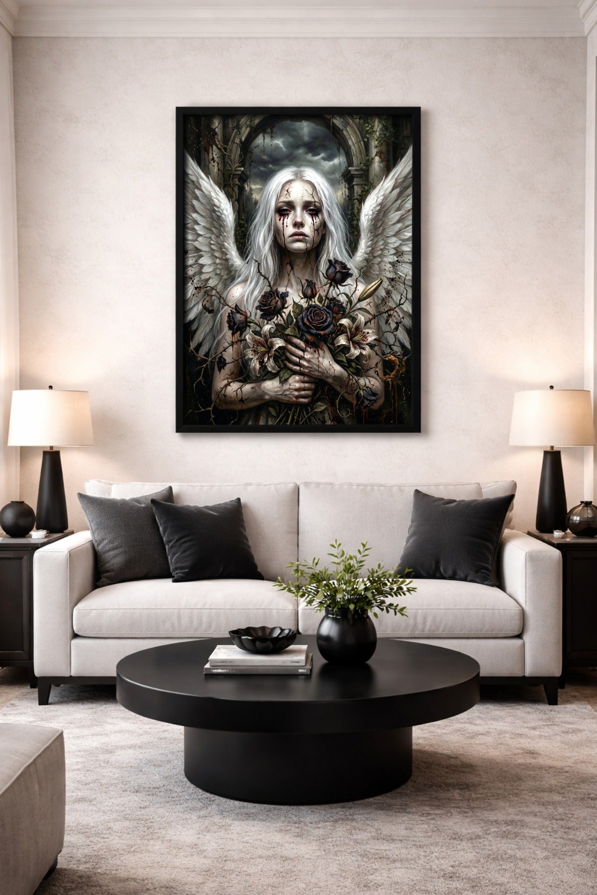 Spirituelle Dark Art Illustration mit weißem Engel, großen Flügeln, dunklen Rosen und alter Ruinenarchitektur als Gothic Wandbild. Wohnzimmerdeko.
