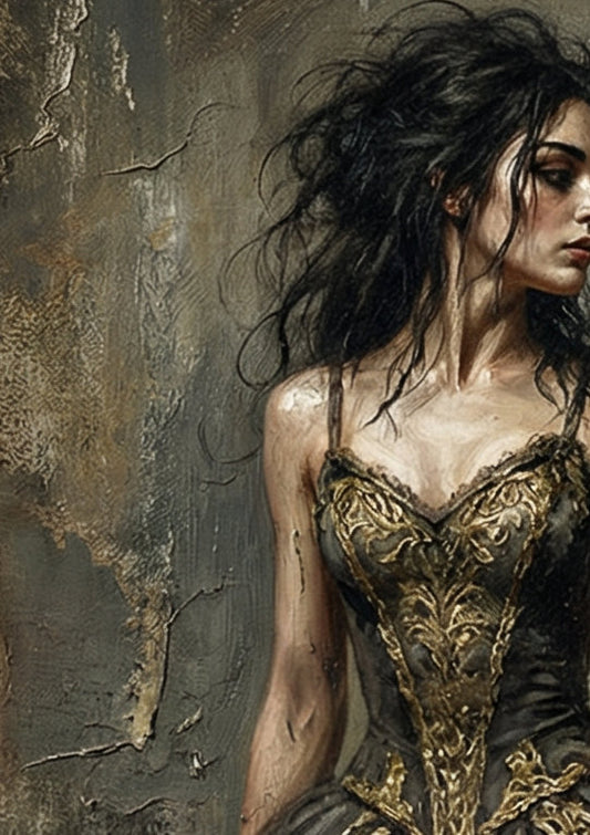 Digitales Grunge Poster mit Ballerina auf Spitze in dunklem Kleid mit goldenen Details vor rauer Wand im Dark-Academy-Stil