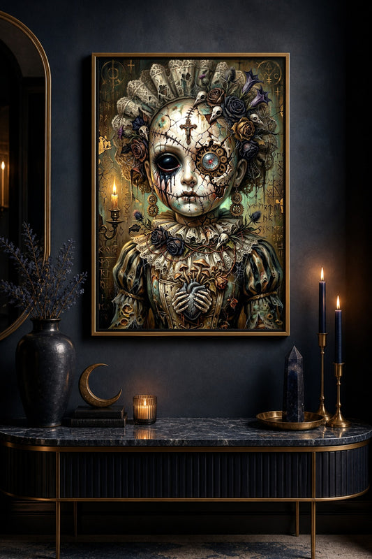Digitaler Steampunk Art Print mit Haunted Doll, rissigem Porzellangesicht, sichtbaren Zahnrädern, dunklen Rosen, Kerzenlicht und Gothic-Symbolen.