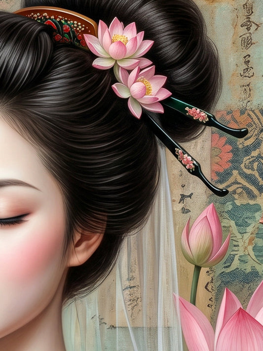 Detailsansicht. Quadratisches Japandi Poster mit Geisha im rosa Kimono, Lotusblüten und Pagode in sanften Pastelltönen als minimalistische Japan Deko.