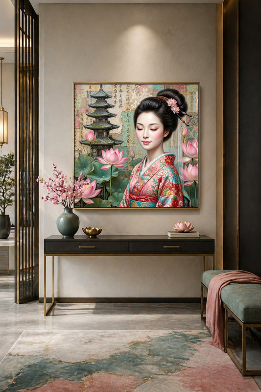 Geisha Poster mit Lotusblüten und Pagode über moderner Konsole im Eingangsbereich mit sanften Rosa- und Grüntönen