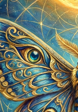 Goldene Luna Moth als digitales Wandbild mit mystischer Vintage-Anmutung, blau-goldenen Flügeln, leuchtendem Halbmond und feinen Sternbildern auf dunklem Blau.