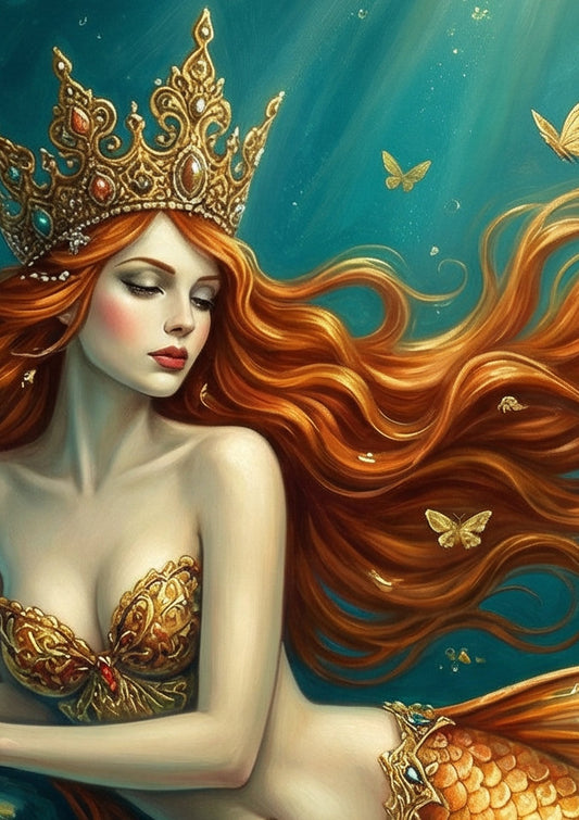 Meerjungfrau Königin mit goldener Krone im türkisfarbenen Ozean als hochwertiges Fantasy Poster für stilvolle Wanddekoration.