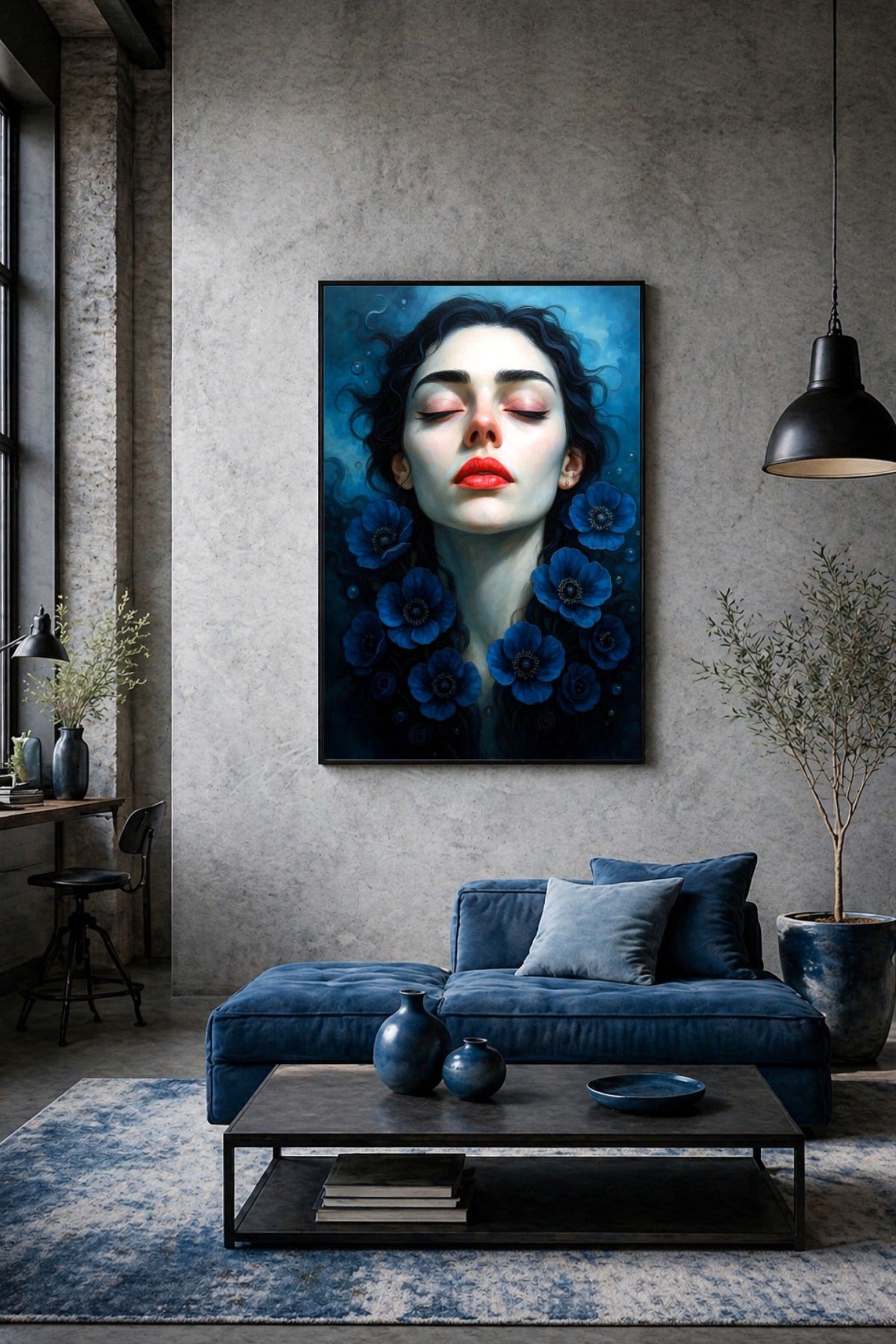 Surreales Frauenportrait als modernes Kunstposter mit geschlossenen Augen, roten Lippen und tiefblauen Anemonen vor mystischem blauem Hintergrund.