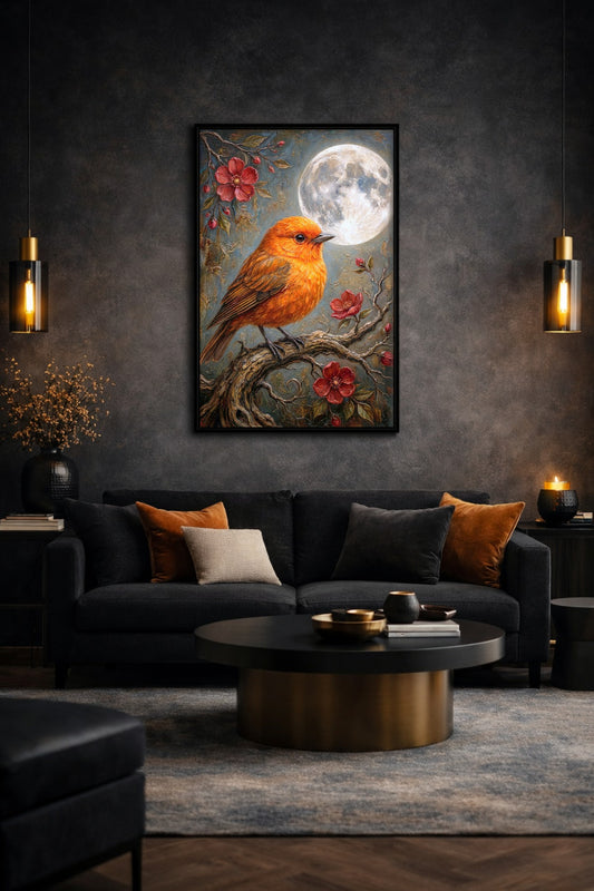 Gerahmtes Vogel Mond Wandbild über dunklem Sofa, mit orangefarbenem Vogel, Vollmond, roten Blüten und warmem Licht