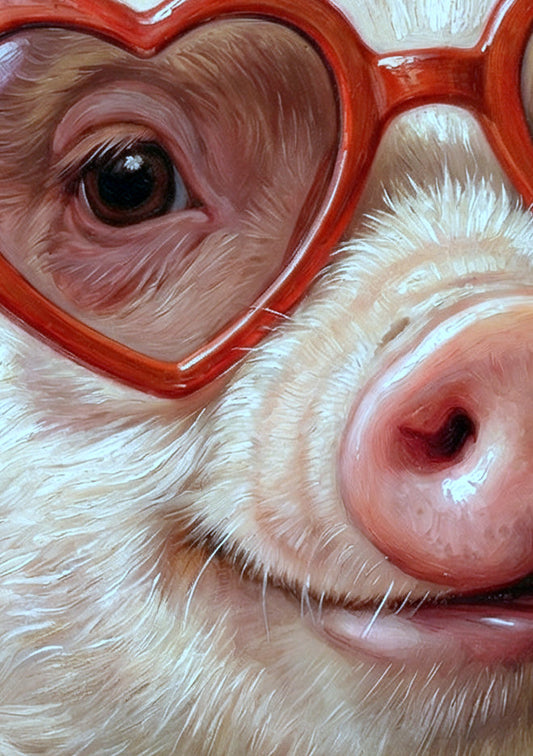 Detailsansicht. Humorvolles Digitalposter im Hochformat mit rosafarbenem Schwein im Ölgemälde-Stil, roter Herzbrille und weichem grünem Hintergrund.