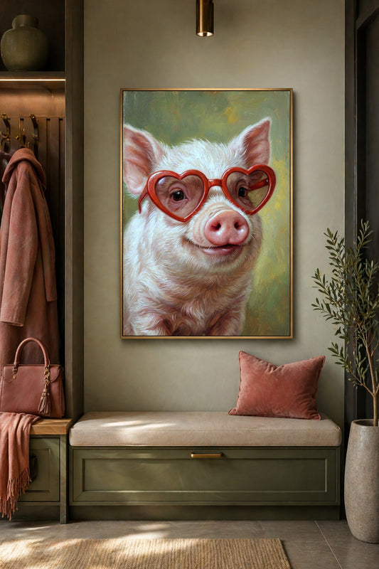 Schwein Poster mit roter Herzbrille als freundlicher Wandakzent in einem Flur mit grüner Wand und Sitzbank