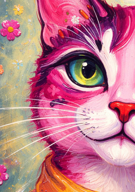 Buntes Katzenposter mit pinker Katze, grünen Augen und orangefarbenem Schal vor floralen Details im modernen Pop-Art-Illustrationsstil.