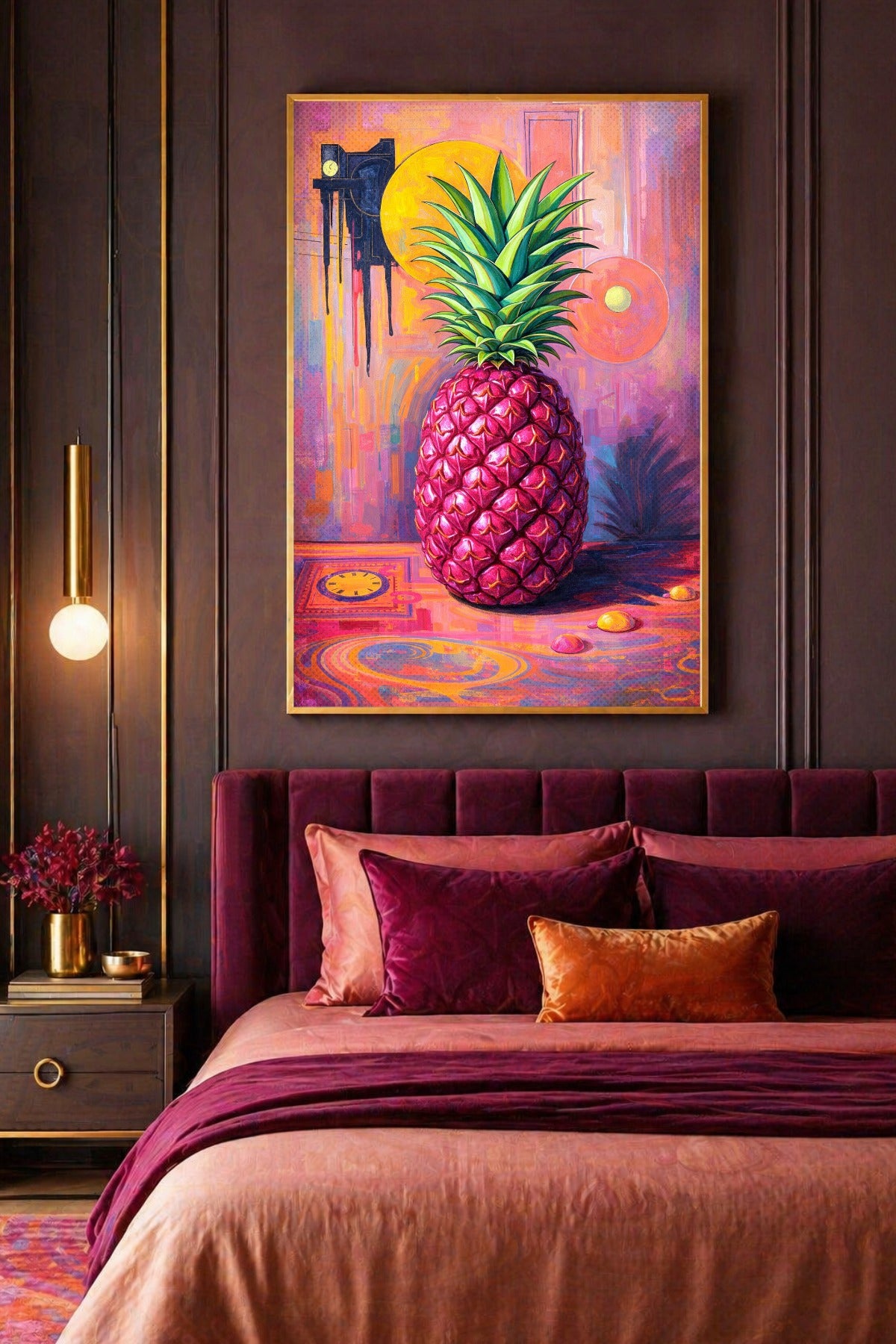 Gedrucktes Poster im Pop-Art-Stil mit pinker Ananas, kontrastreicher grüner Blätterkrone und leuchtendem Hintergrund in Rosa, Lila und Gelb.