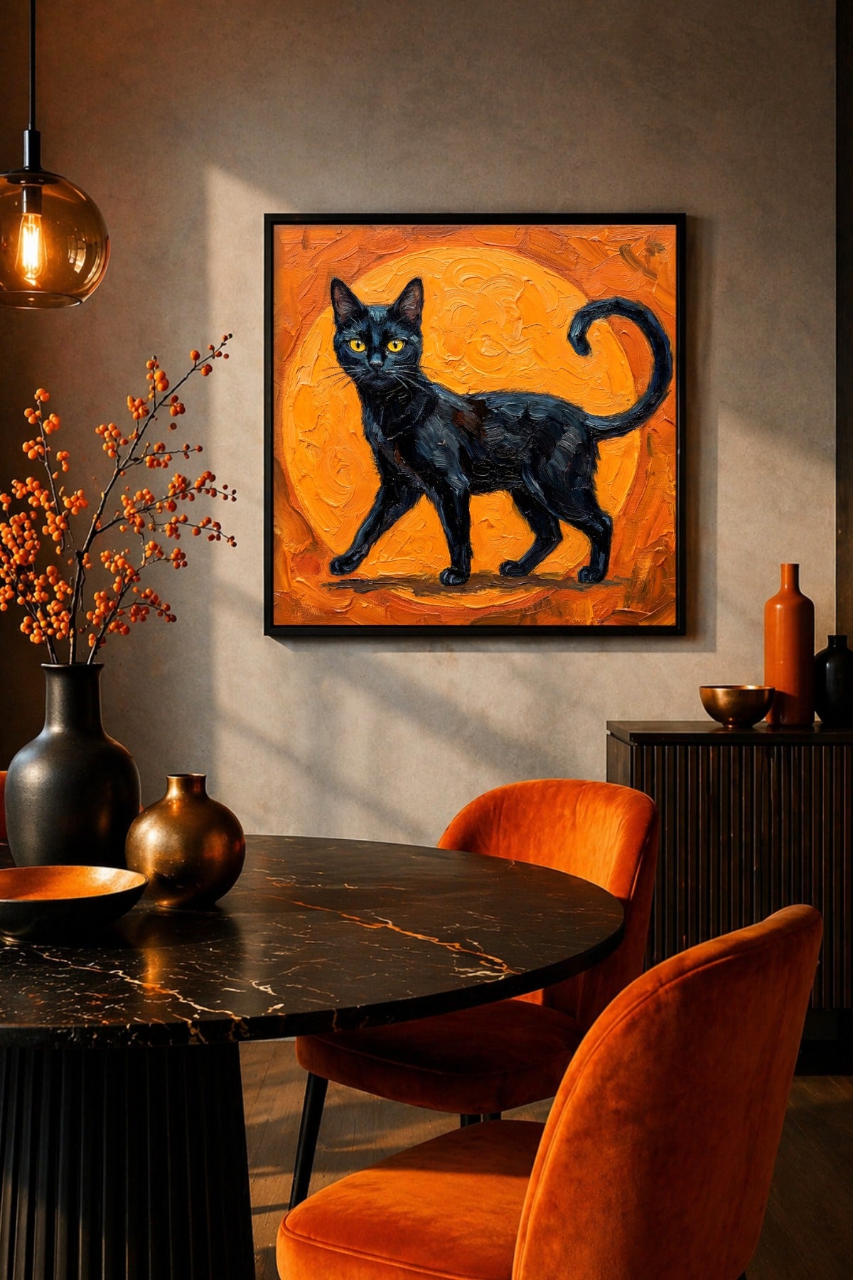 Schwarze Katze vor orangefarbenem Hintergrund mit gelben Augen als ausdrucksstarkes Poster für Witchy Decor, Moody Wall Art und Katzenliebhaber.