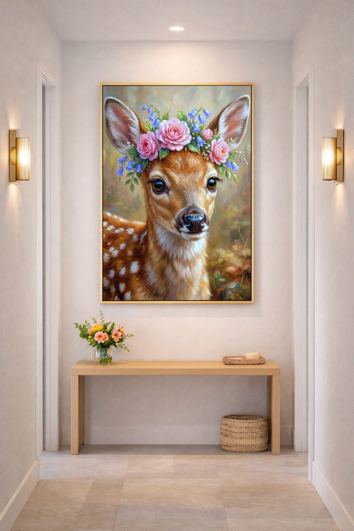 Rehkitz Wandbild mit rosa Rosen und blauen Blumen als digitales Poster im hellen Flur Mockup