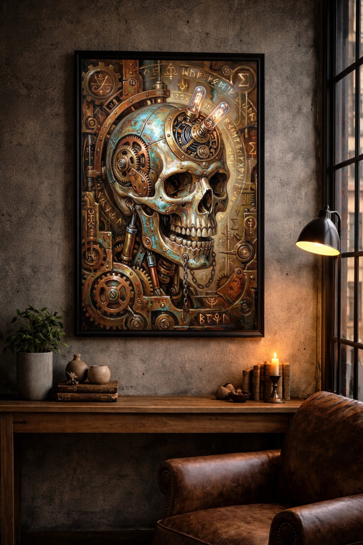 Ausdrucksstarkes düsteres Wandbild im Steampunk-Stil mit Schädel, Zahnrädern, Metallfragmenten und leuchtenden Röhren in warmen Metallfarben. Das Poster ist in einem schwarzen Bilderrahmen und hängt an einer Wand über einem Tisch.