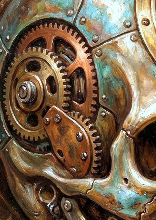 Detailreiches Steampunk-Wandbild eines mechanischen Totenkopfes mit antiken Zahnrädern, leuchtenden Glasröhren und einer Patina in Kupfer und Türkis. Düstere Industrial-Deko für modernes Wohnen.