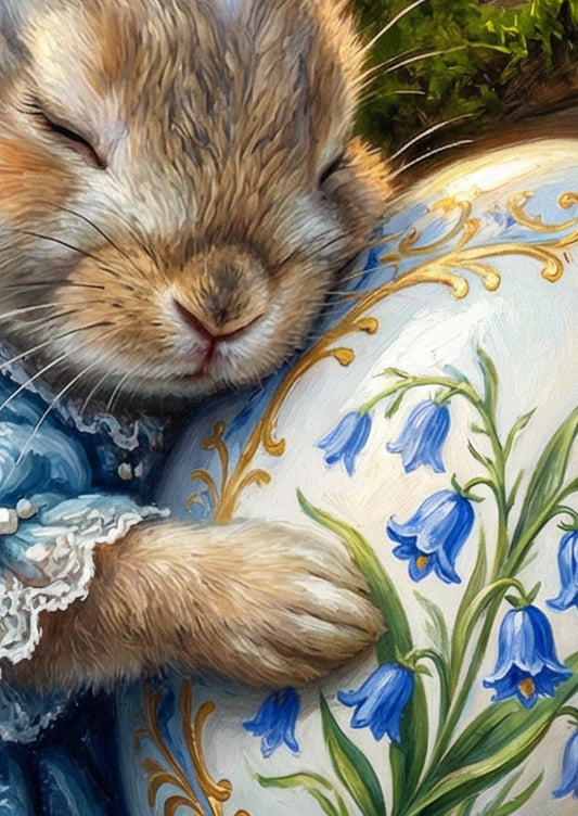Vintage Poster mit Osterhase im blauen Kleid, der ein bemaltes Osterei mit Glockenblumenmotiv im Wald hält, nostalgisches Frühlings Wandbild.
