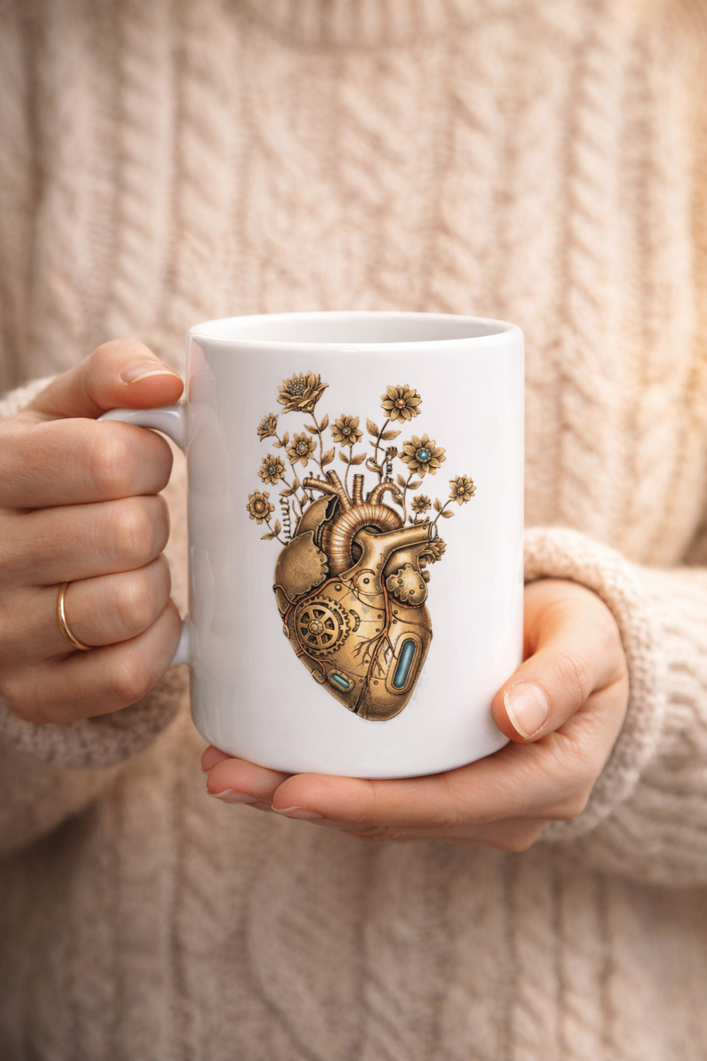 Keramiktasse mit steampunk Herz aus Zahnrädern und Blumen, braun-goldenes Kunstmotiv im Vintage Stil, ideal als Geschenk für Designfans