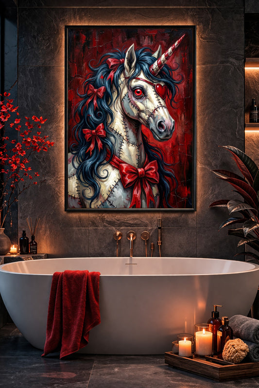 Zombie Einhorn Poster als Gothic Wandkunst über Badewanne, mit roten Akzenten, Kerzenlicht und dunkler Steinwand.