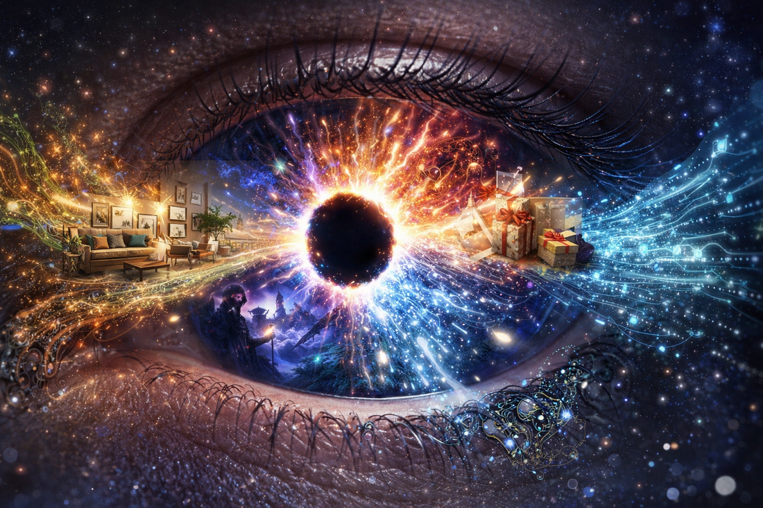 Surreale Explosion aus einem Auge: KI-Kunst zeigt verschiedene Käuferwelten wie Interior, Fantasy, Geschenke und Technologie. Sinnbild für moderne, kreative Bildwelten.