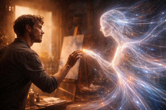 Titelbild für den Blogartikel: Ein Künstler in einem Atelier berührt sanft die Fingerspitzen einer aus Licht und Algorithmen bestehenden, KI-generierten Muse. Eine Darstellung der Symbiose von Mensch und Künstlicher Intelligenz in der Kunst.