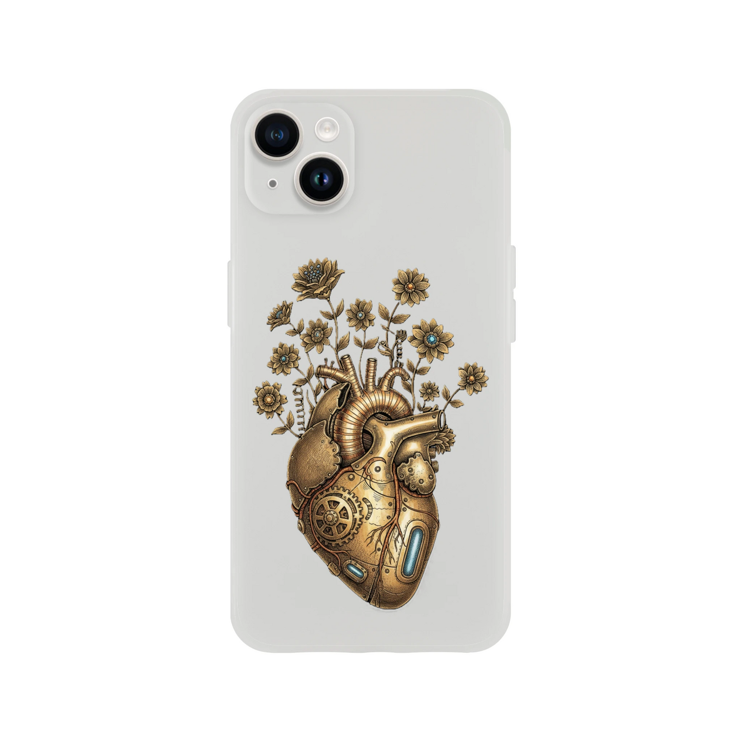 Transparente iPhone Schutzhülle mit Steampunk Herz Motiv, klare Flexi Case Oberfläche, schlank, modern, passgenau für verschiedene Modelle.