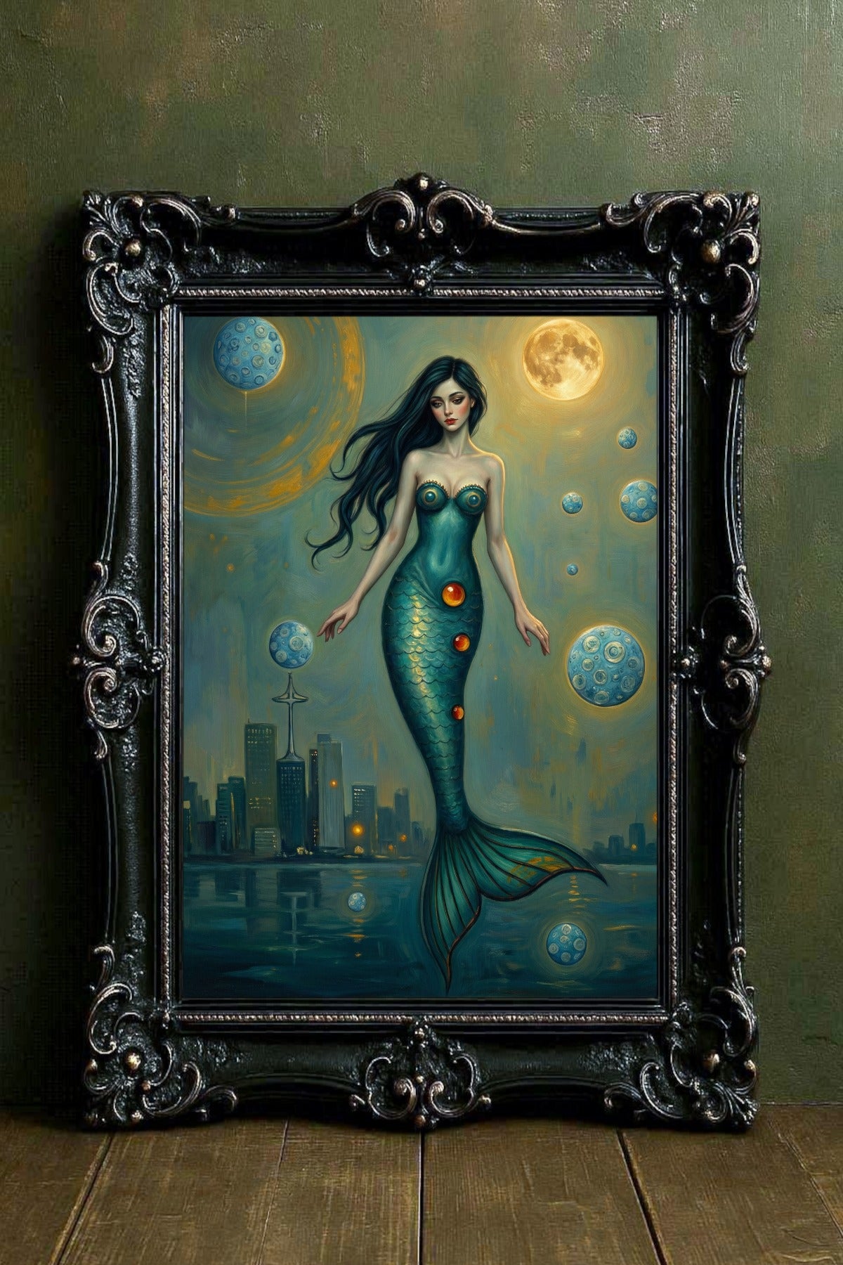 Poster mit Meerjungfrau vor nächtlicher Skyline und Mond in Türkis- und Goldtönen, mystische Fantasy Wanddekoration für moderne Wohnräume