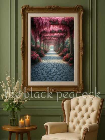 Ruhiger Gartenweg unter einer Pergola voller rosa Blüten, stimmungsvolles Naturposter mit Tiefe und sanftem Licht