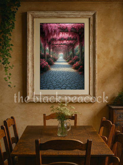 Romantischer Gartenweg unter einer Holzpergola mit rosa Glyzinien, sanftes Licht und ruhige, naturverbundene Bildstimmung.