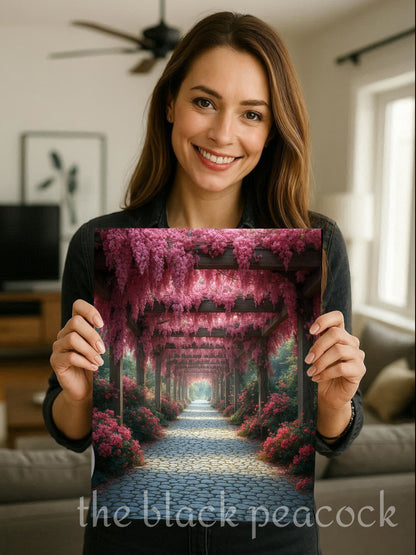 Romantischer Gartenweg unter einer Holzpergola mit rosa Glyzinien, sanftes Licht und ruhige, naturverbundene Bildstimmung.