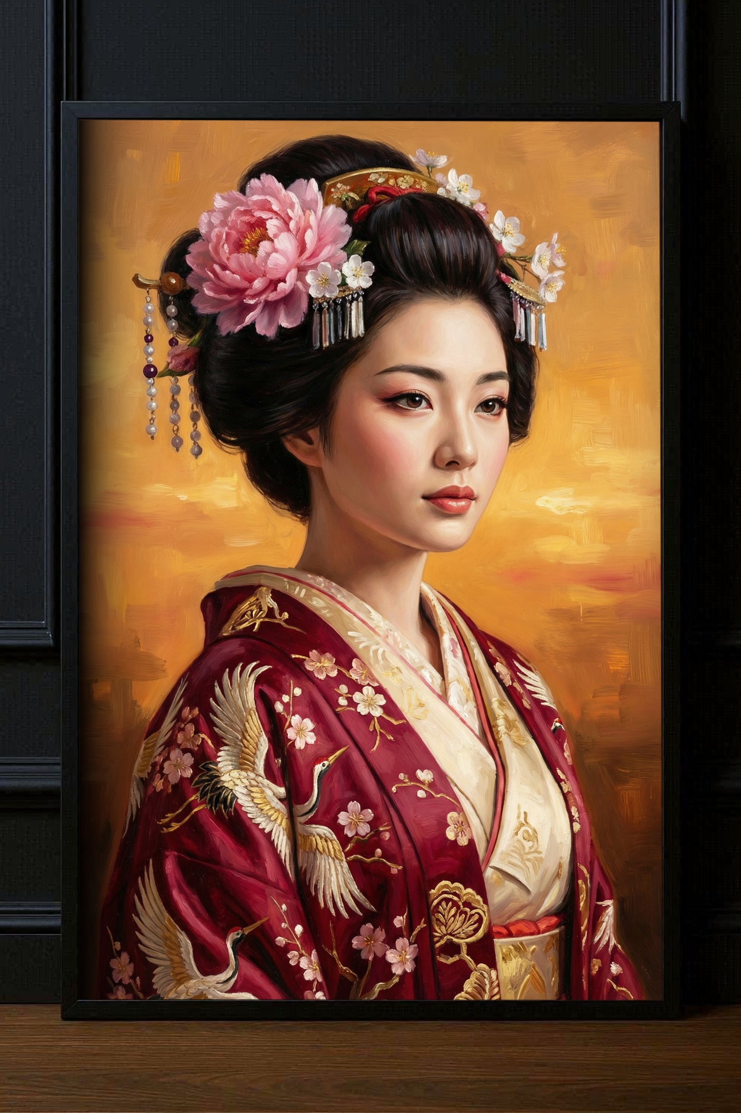 Geisha-Porträt im roten Kimono mit Kranich-Stickerei und Blüten im Haar, vor warm-goldenem Hintergrund, elegante Wandkunst.