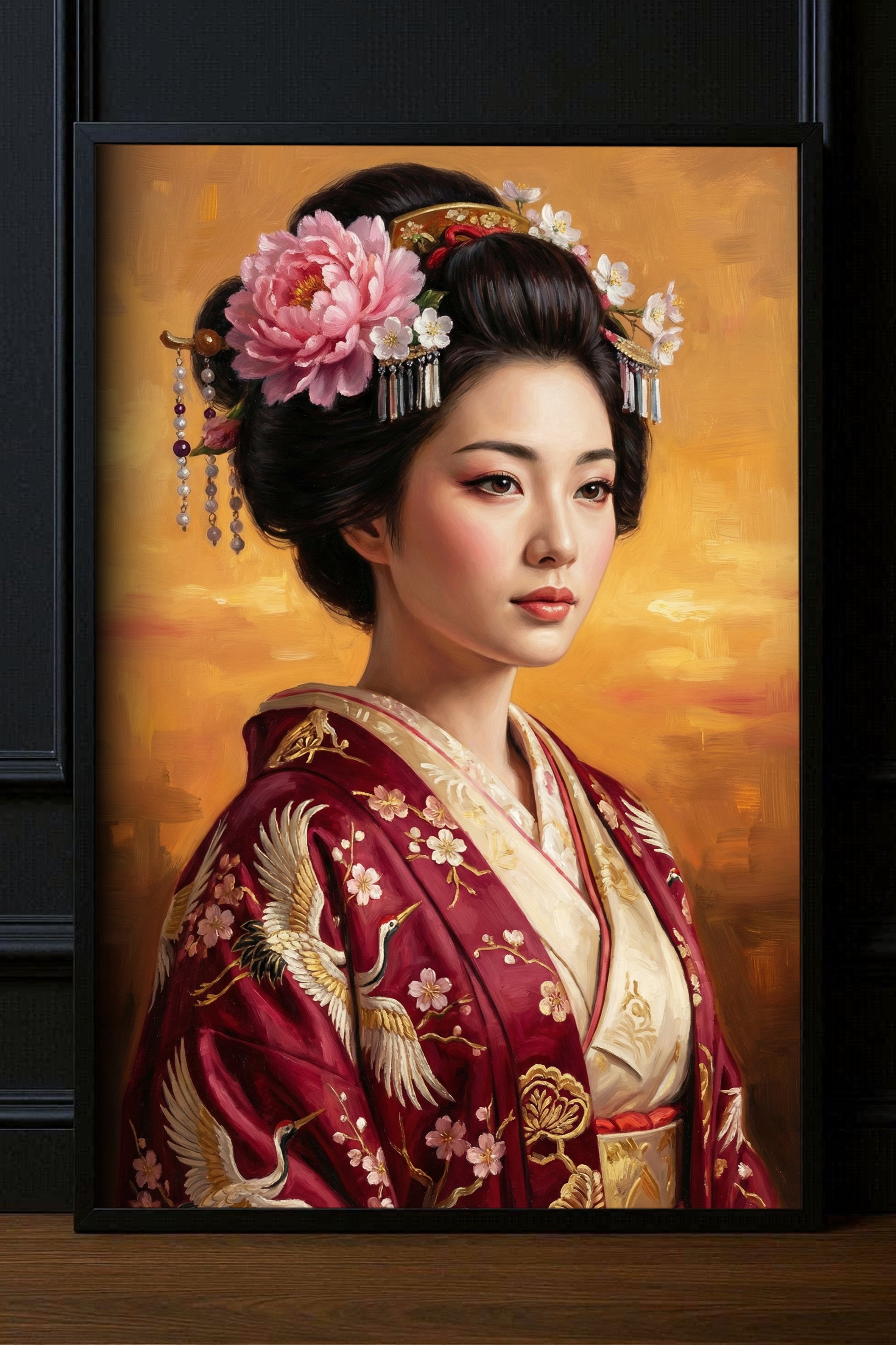 Geisha-Porträt im roten Kimono mit Kranich-Stickerei und Blüten im Haar, vor warm-goldenem Hintergrund, elegante Wandkunst.