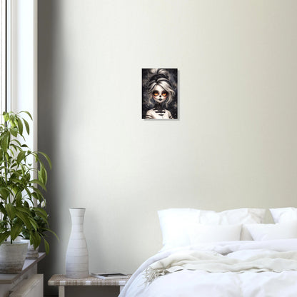 Premium Gothic-Poster: Porträt eines Mädchens mit La Catrina Make-up, hypnotischen orangefarbenen Augen und schwarzer Spitze auf einem hochwertigen matten Kunstdruck.