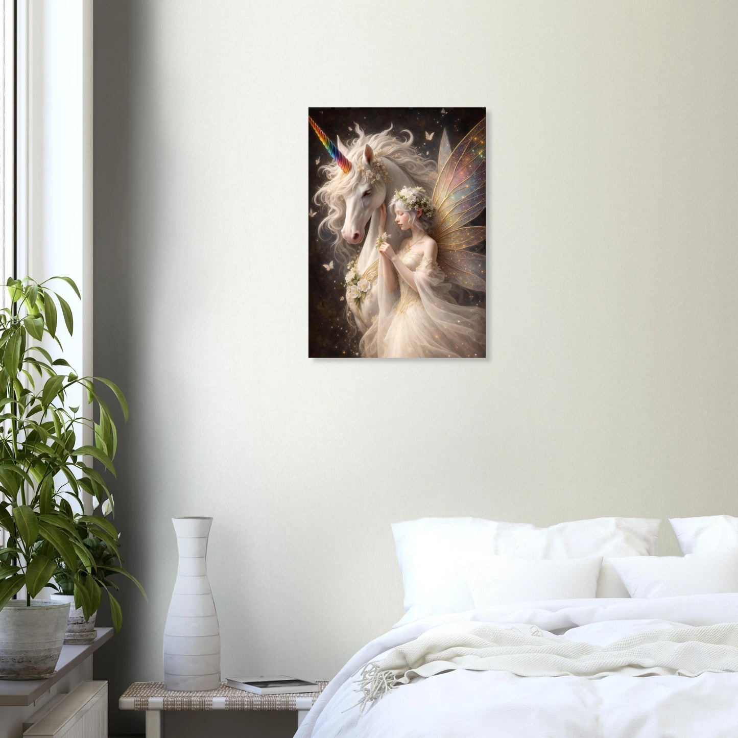 Hochwertiges Fantasy-Poster: Majestätisches weißes Einhorn mit einer zarten Elfe im Blumenkranz. Elegante Wanddeko in Gold und Elfenbein auf dunklem, mystischem Grund.