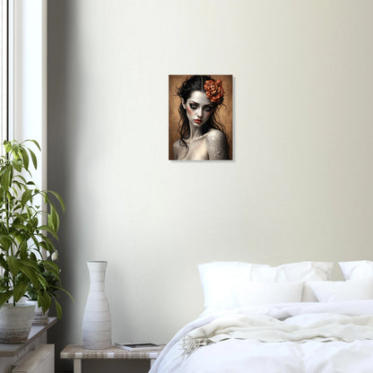 Gothic Frauenporträt als Premium Poster auf mattem Papier, dunkle romantische Illustration mit Blume im Haar