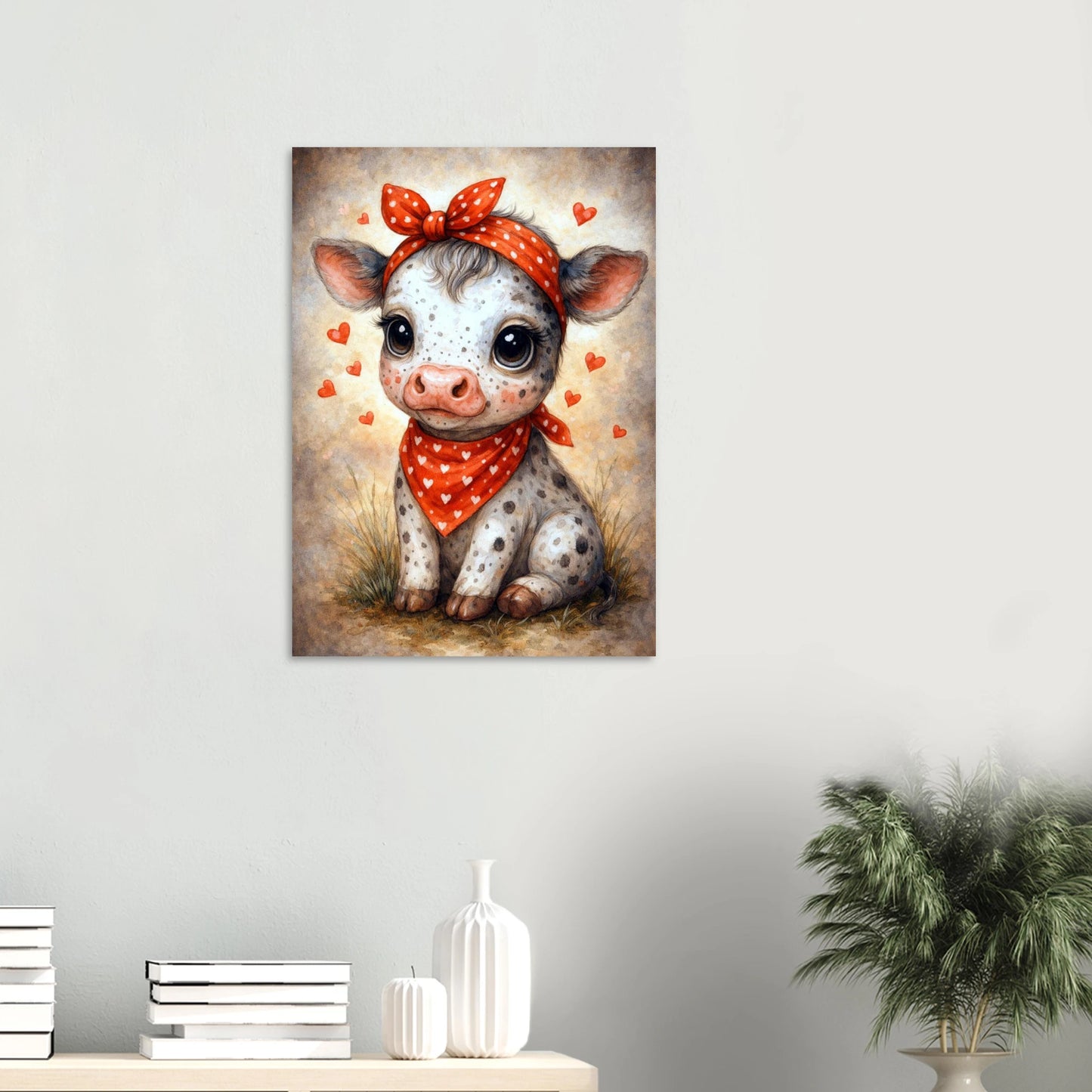 Aquarell Babykuh mit rotem Halstuch und Herzchen als niedliches Bauernhof Poster für Kinderzimmer oder Landhaus Dekoration