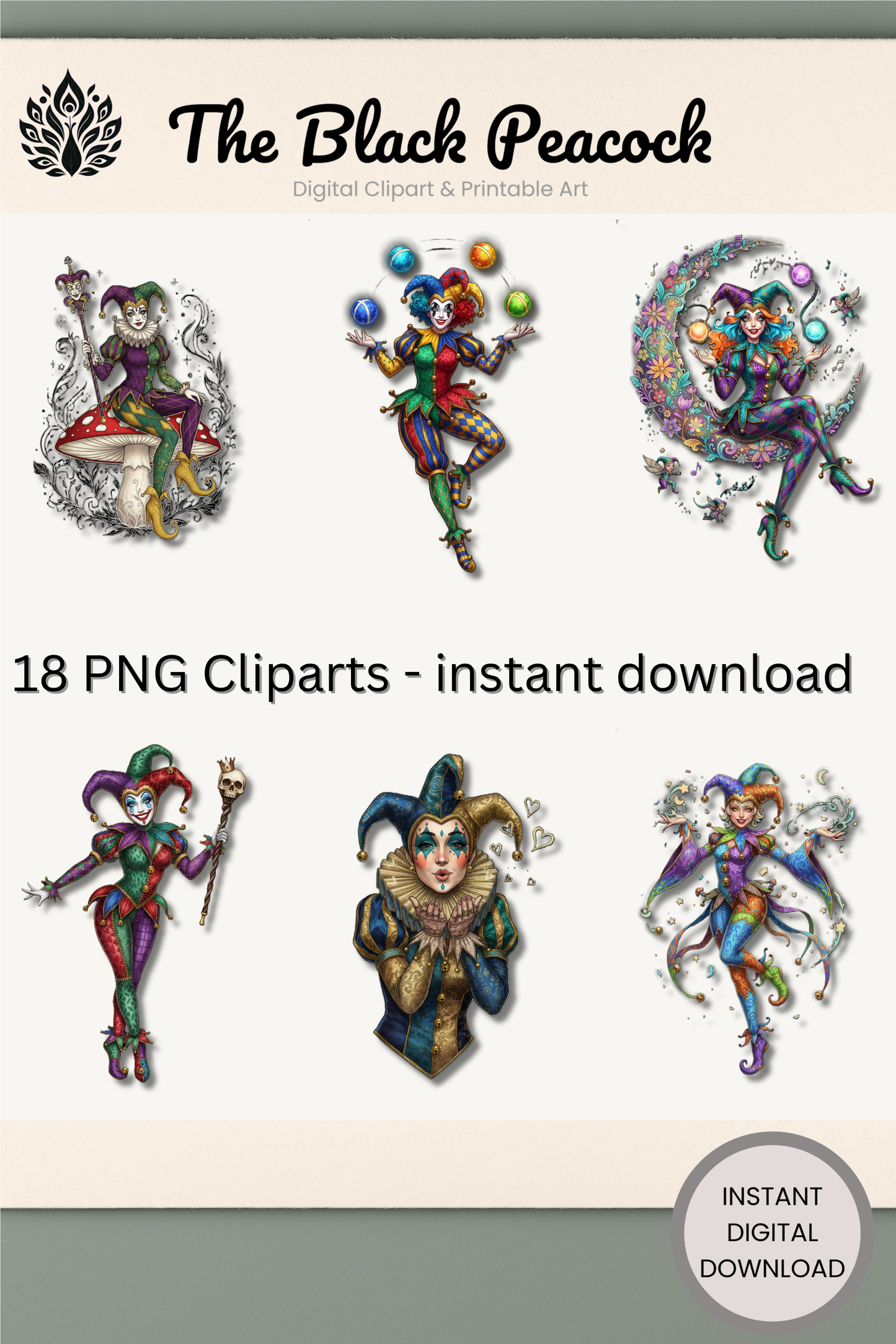 Jester Clipart Bundle mit 18 Harlekin Illustrationen auf transparentem Hintergrund