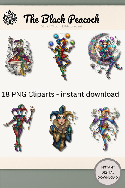 Jester Clipart Bundle mit 18 Harlekin Illustrationen auf transparentem Hintergrund