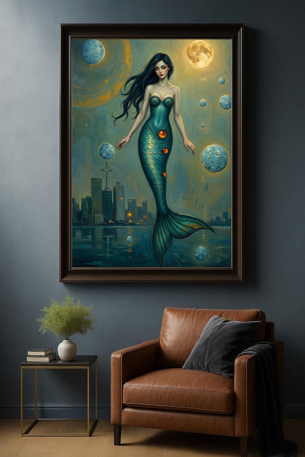 Poster mit Meerjungfrau vor nächtlicher Skyline und Mond in Türkis- und Goldtönen, mystische Fantasy Wanddekoration für moderne Wohnräume