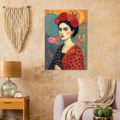 Florales Frauenporträt Poster mit roten Rosen, Boho Folk Art Illustration und Mondmotiv