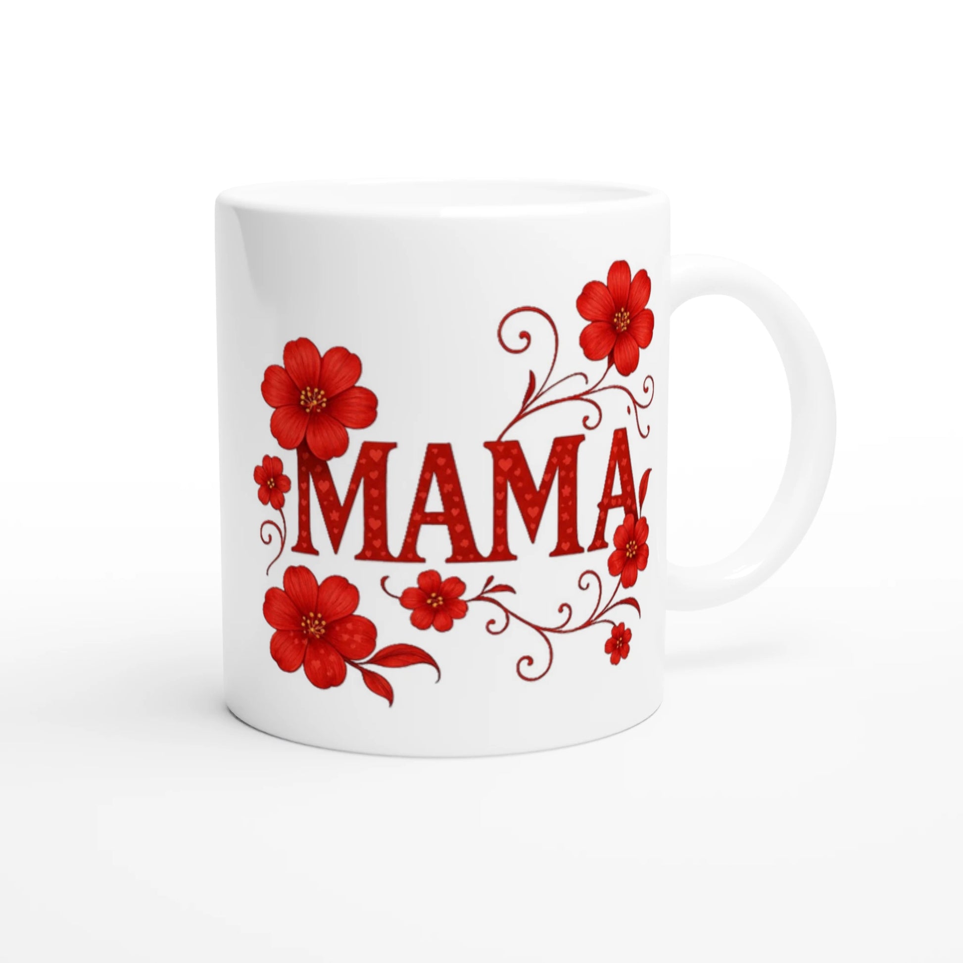 Weiße Keramiktasse mit Schriftzug Mama und rotem Blumenmotiv