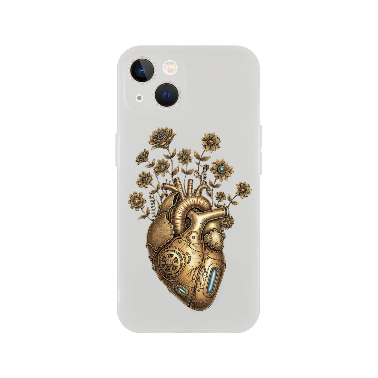 Transparente iPhone Schutzhülle mit Steampunk Herz Motiv, klare Flexi Case Oberfläche, schlank, modern, passgenau für verschiedene Modelle.