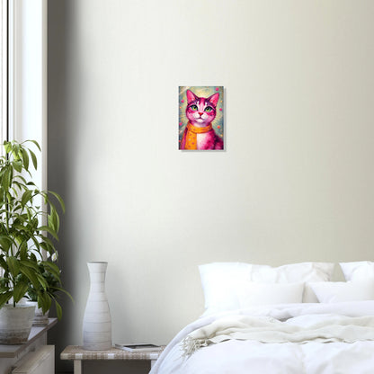 Farbenfrohes Katzenposter mit pinker Katze, grünen Augen und orangefarbenem Schal, modernes Pop Art Tierportrait mit floralen Details als dekoratives Wandbild.