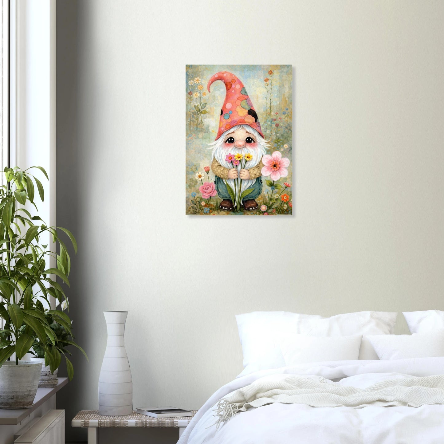 Liebevoll illustrierter Wichtel mit Blumenstrauß in sanften Farben, märchenhafte Gartenszene, detailreiches Kunstposter auf Premium Matt Papier