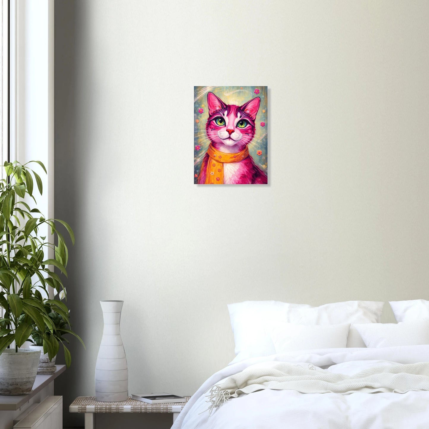 Farbenfrohes Katzenposter mit pinker Katze, grünen Augen und orangefarbenem Schal, modernes Pop Art Tierportrait mit floralen Details als dekoratives Wandbild.