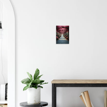 Ruhiger Gartenweg unter einer Pergola voller rosa Blüten, stimmungsvolles Naturposter mit Tiefe und sanftem Licht