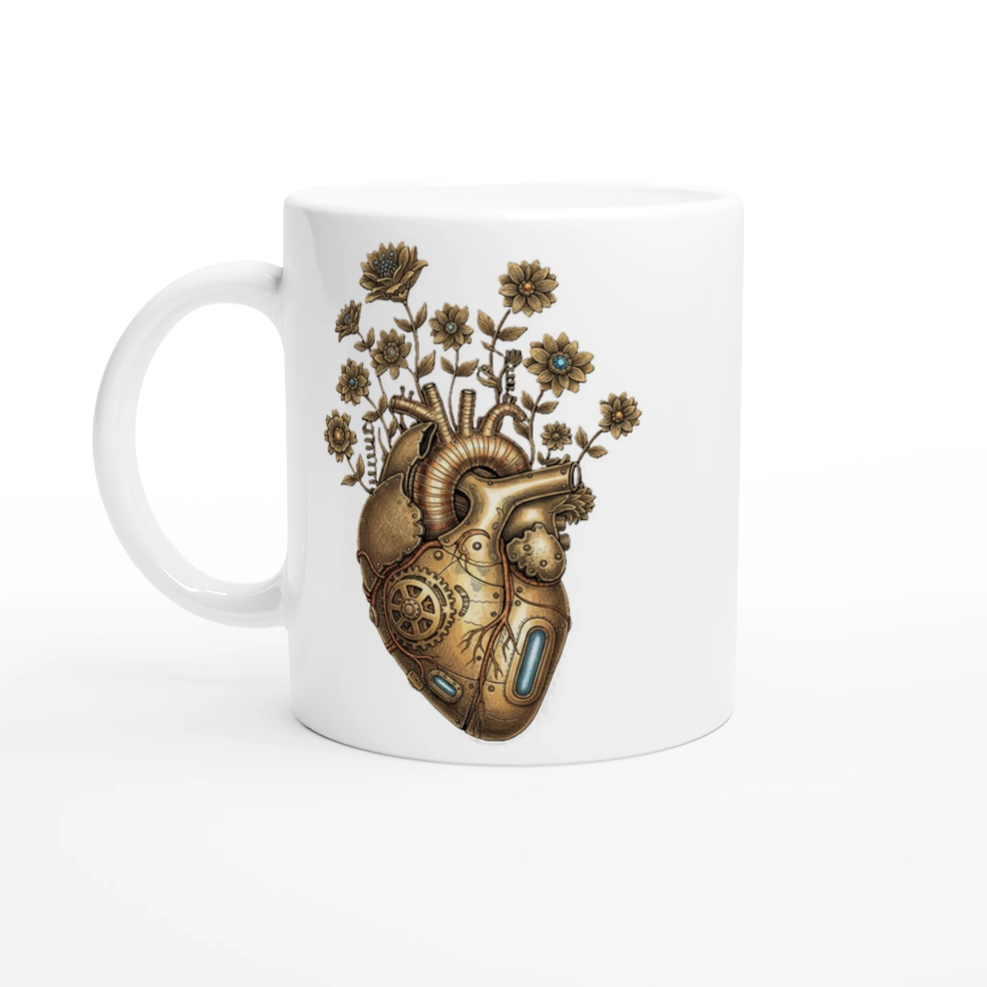 Keramiktasse mit steampunk Herz aus Zahnrädern und Blumen, braun-goldenes Kunstmotiv im Vintage Stil, ideal als Geschenk für Designfans