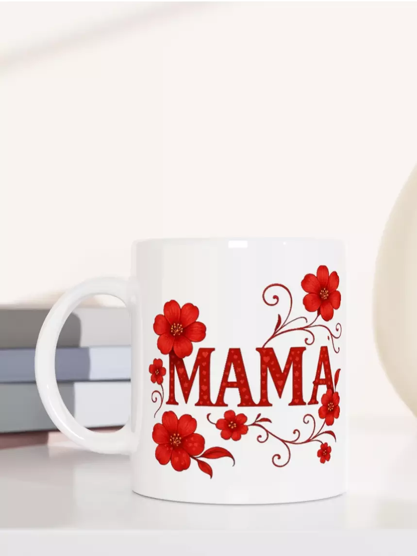 Weiße Keramiktasse mit Schriftzug Mama und rotem Blumenmotiv