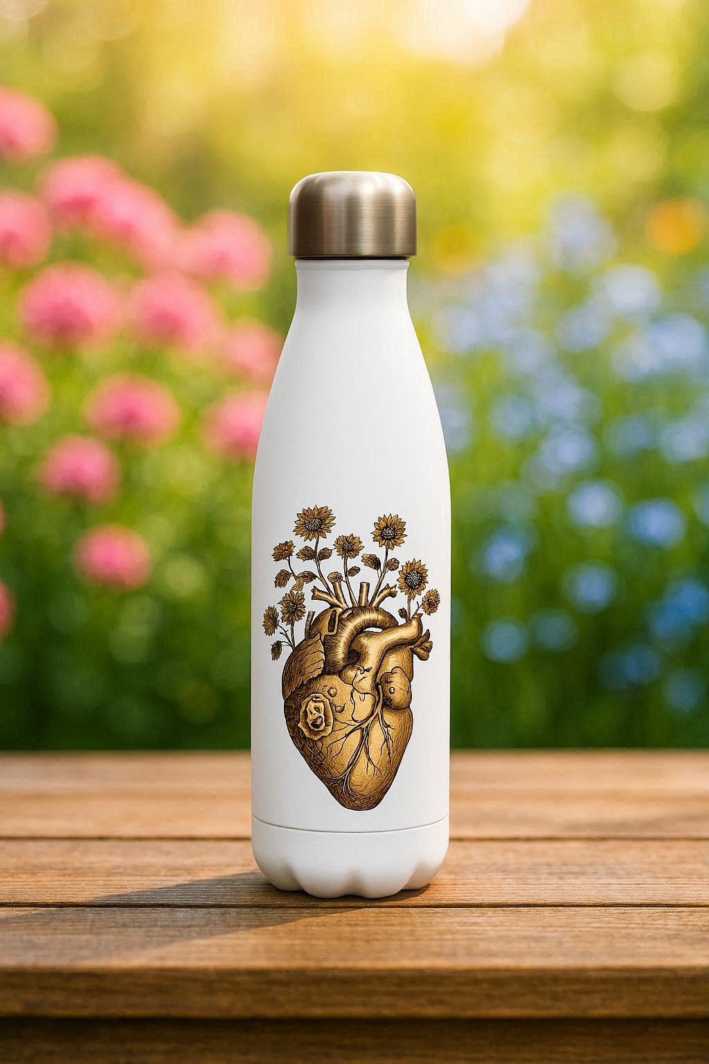 Weiße Edelstahl Trinkflasche mit isolierter Doppelwand und kunstvollem Herz-Motiv im Steampunk-Stil auf glatter Oberfläche