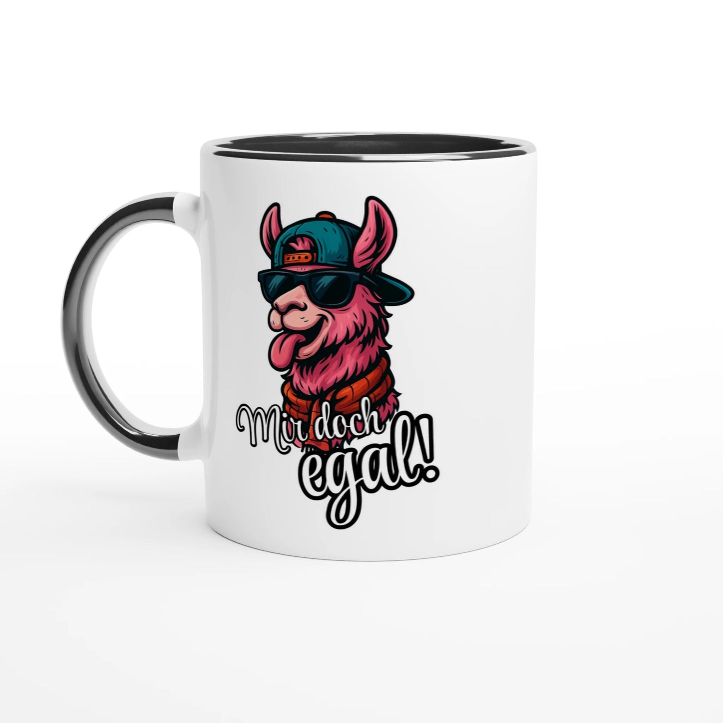 Weiße Keramiktasse mit schwarzem Henkel und Innenfarbe, Lama Motiv mit Spruch Mir doch egal