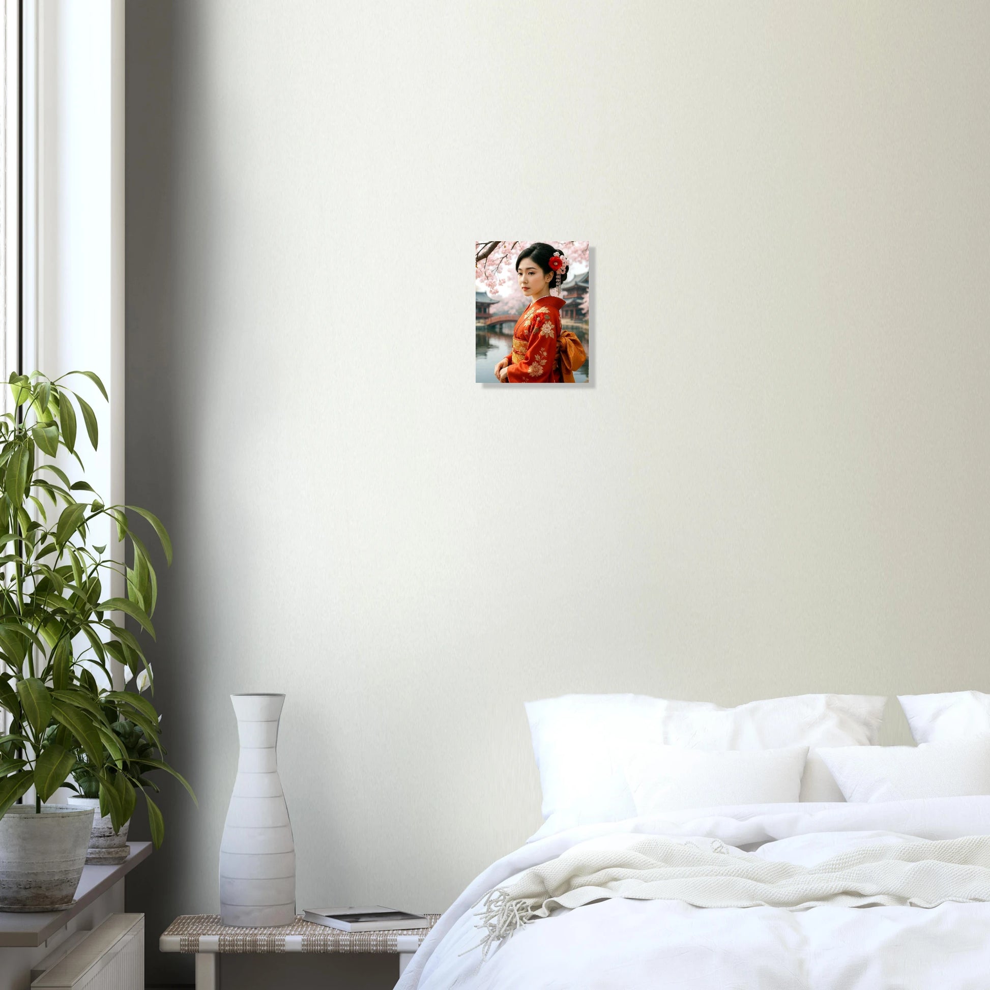 Japanisches Geisha-Poster im roten Kimono unter Kirschblüten, eleganter Kunstdruck mit ruhiger, harmonischer Bildwirkung.