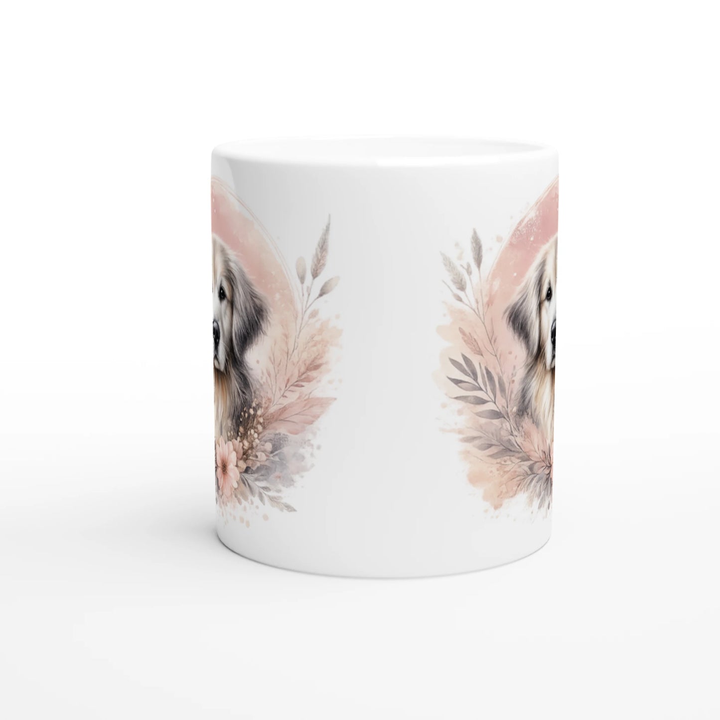 Keramiktasse mit Golden Retriever Portrait und zarten Blumen in warmen Naturtönen, dekorativer Hundebecher als Geschenk oder Alltagsbecher