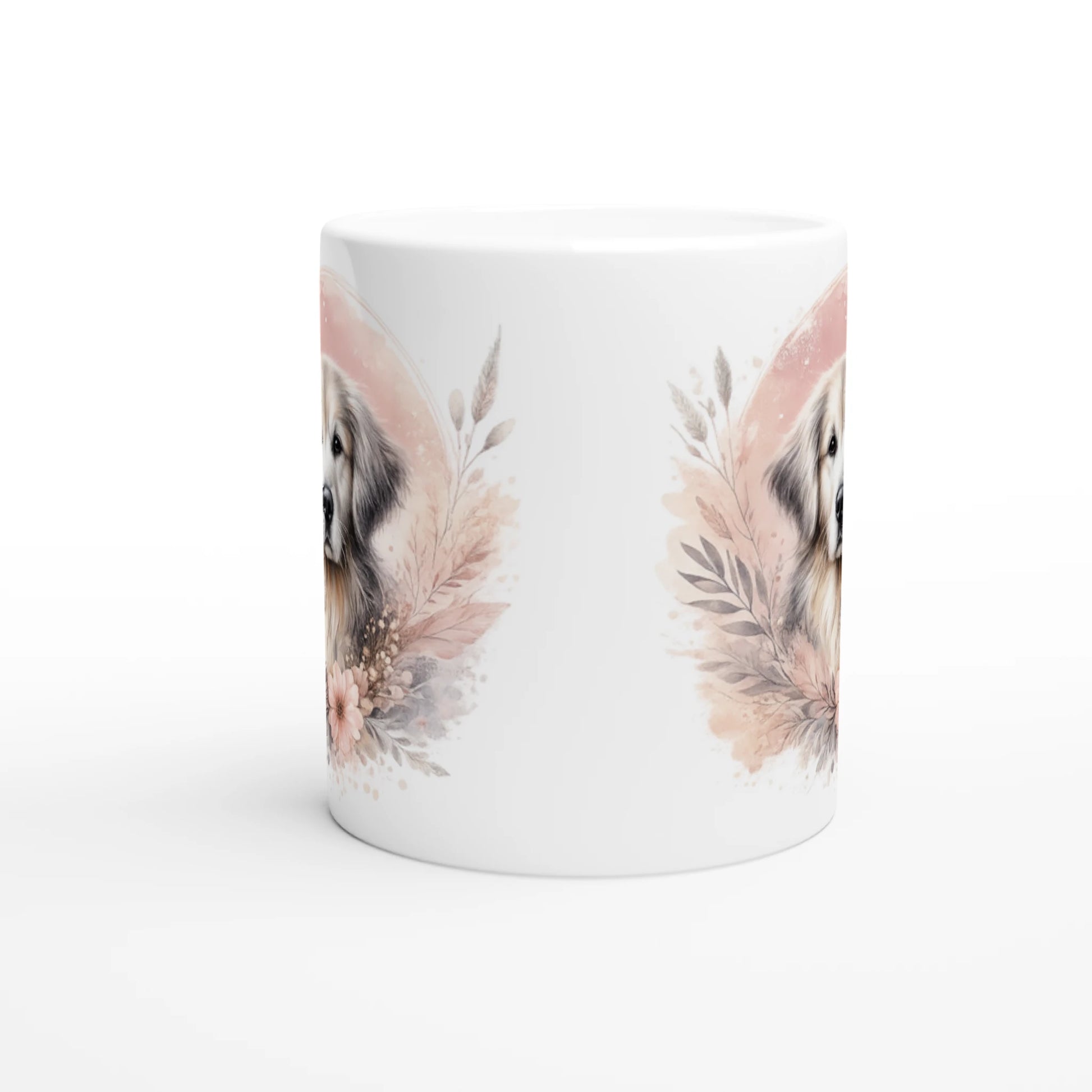 Keramiktasse mit Golden Retriever Portrait und zarten Blumen in warmen Naturtönen, dekorativer Hundebecher als Geschenk oder Alltagsbecher